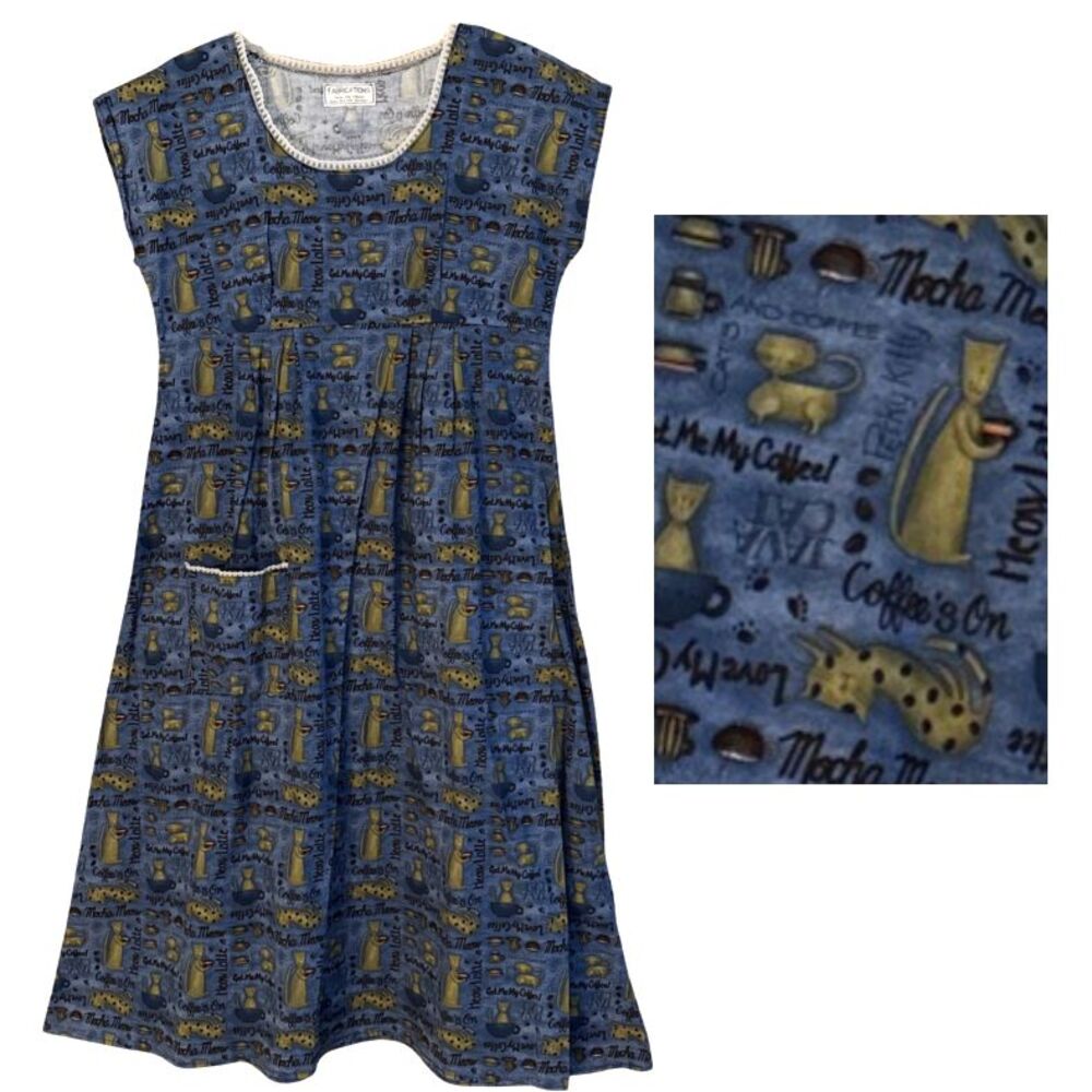VTG Handmade Cats Coffee Print House Farm Dress Womens L CHARMING Fabric Retro